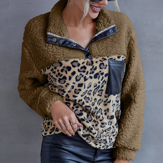 Flauschiger Leopardenmuster-farblich passender lässiger Pullover Lammfell-Kunstleder-Patchwork-Oberteil für Damen