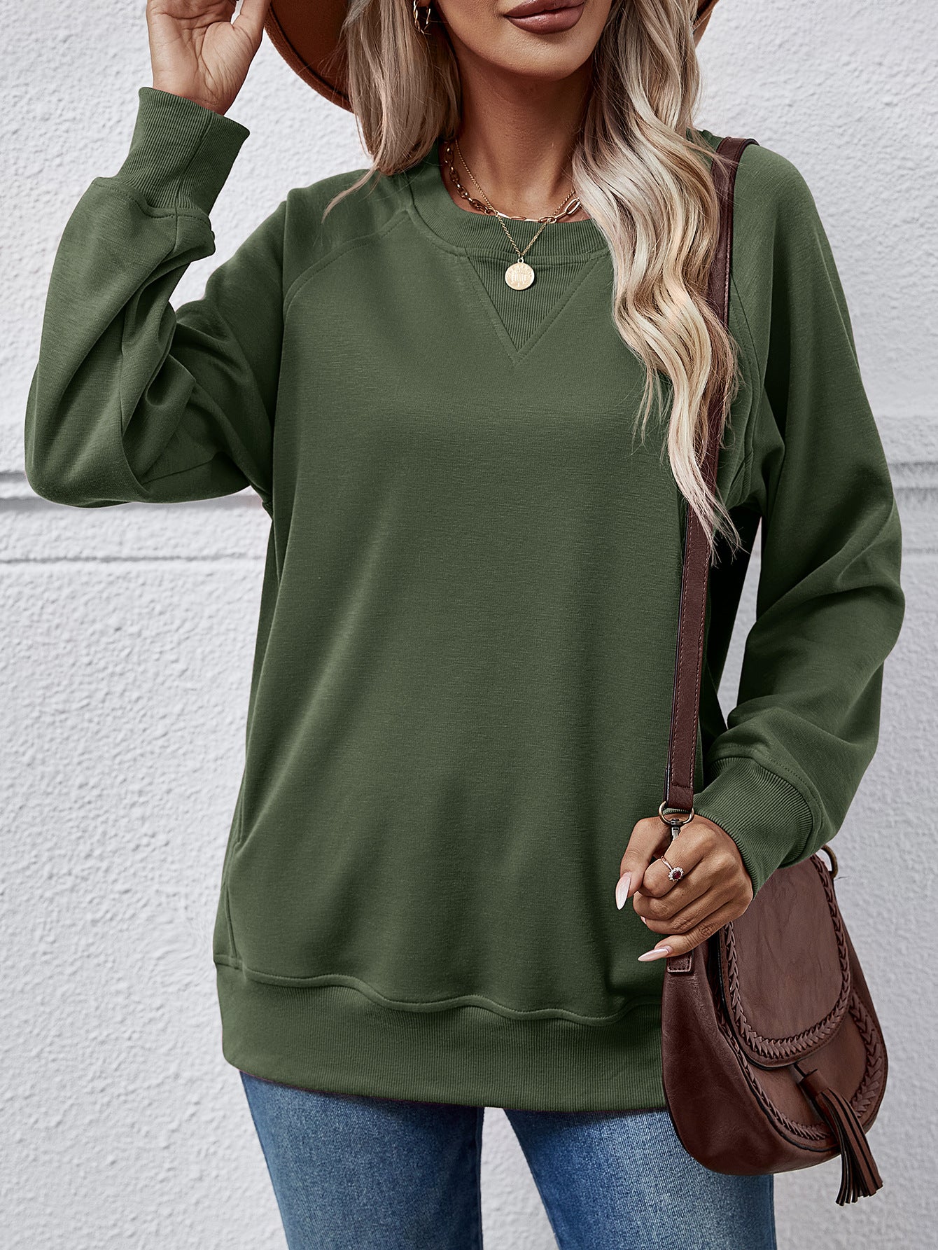 Herbst Winter Frauen Pullover Einfarbig Rundhals Langarm Tasche Frauen Top