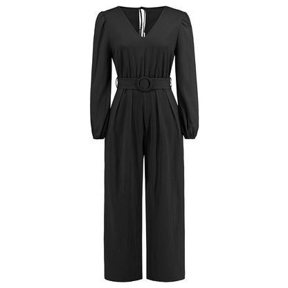 Lässiger, einfarbiger Jumpsuit mit V-Ausschnitt, langen Ärmeln, schmaler, gerader Beinschnitt, Gürtel