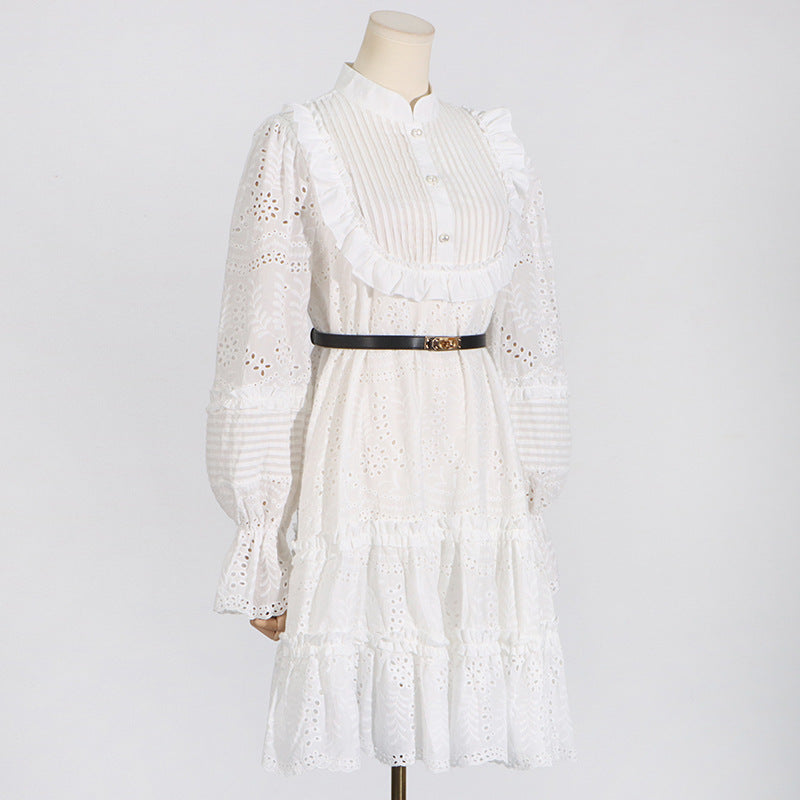 Robe d'été à col montant et manches lanternes brodées pour femme, tenue vintage artistique française, moulante, feuille de lotus