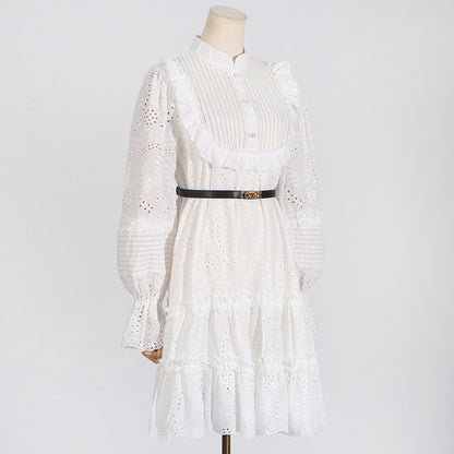 Robe d'été à col montant et manches lanternes brodées pour femme, tenue vintage artistique française, moulante, feuille de lotus