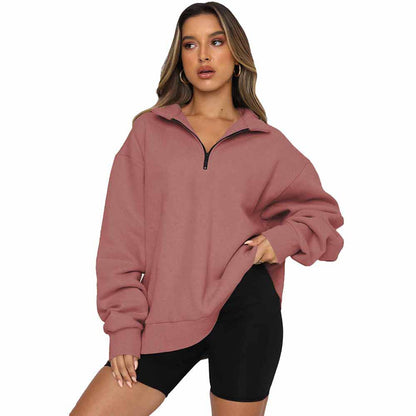 Zipper Collared Size Independent Stand Foreign Trade Ladies Solid Color Loose Versatile Top Sweatshirt