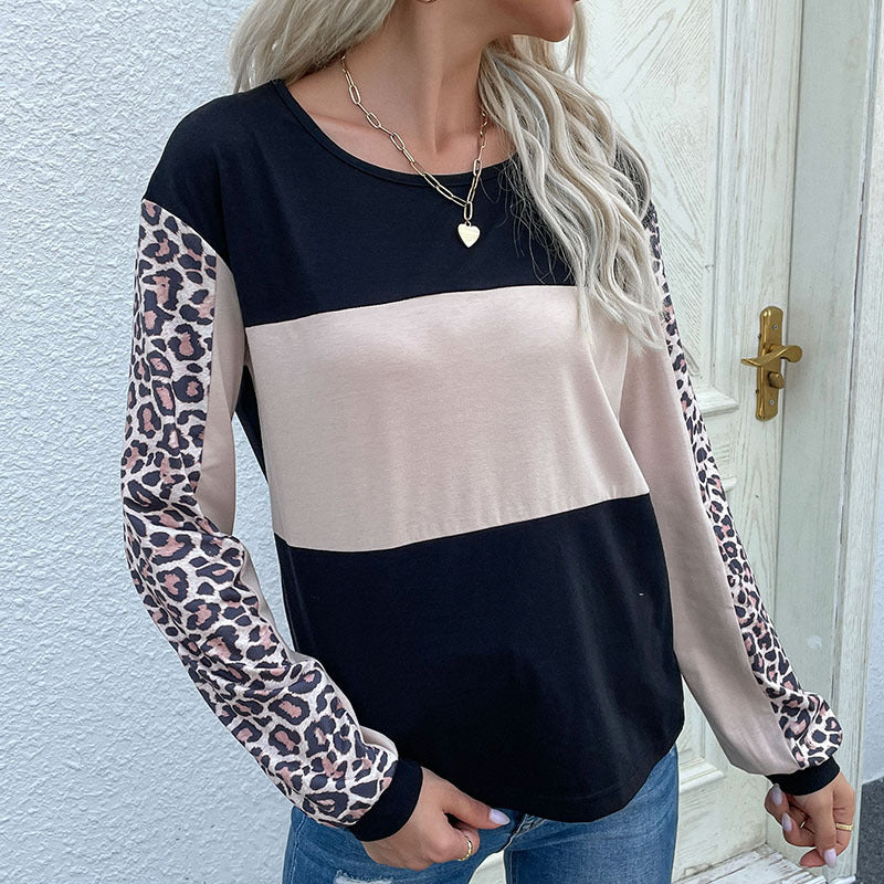 Herbst Lose Beiläufige Top Leopard Print Nähte Langarm T Frauen Sweatshirt