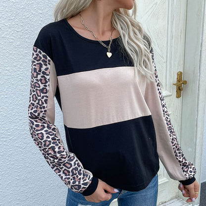 Herbst Lose Beiläufige Top Leopard Print Nähte Langarm T Frauen Sweatshirt