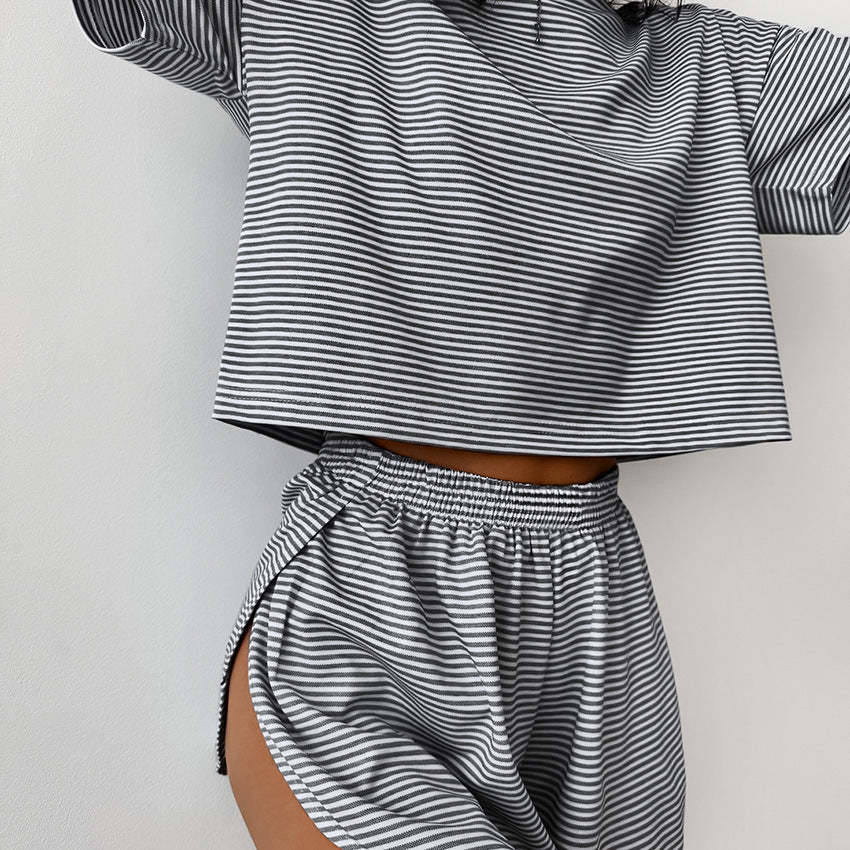 Autumn Knitted Striped Pajamas Loose Short Sleeved Shorts Suit Outerwear Homewear Women