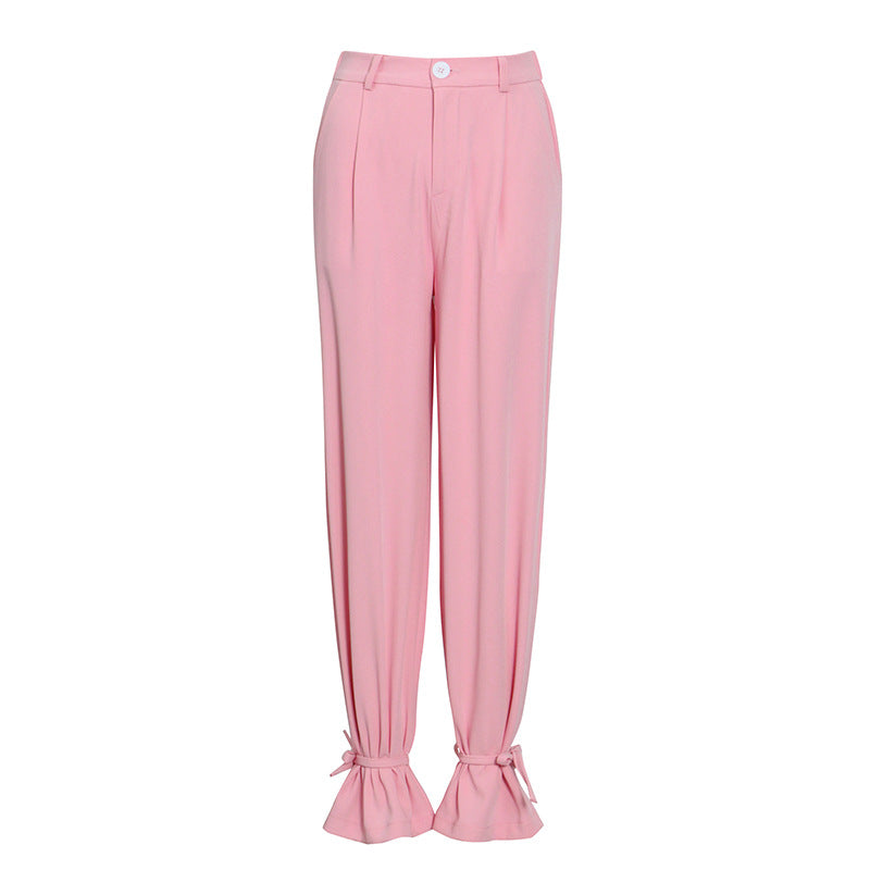 Chemisier Pantalon Rose Simple Dentelle Costume Taille Haute Bas Étroit d'un Pantalon Jambe Pantalon Automne Hiver