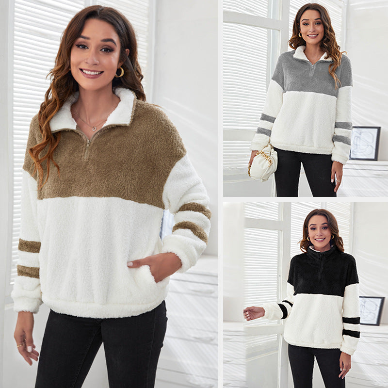 Pull en peluche à col zippé et coutures contrastées pour automne et hiver