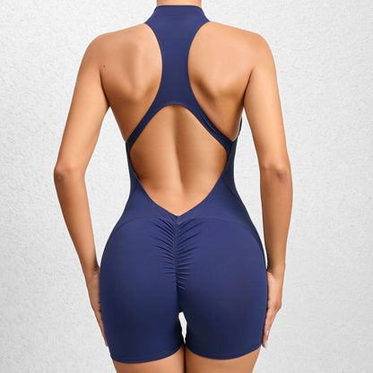 Non Woven Tight With Zipper Sports Yoga Pants Peach Hip One Piece Quick Drying Pleated Fitness Jumpsuit