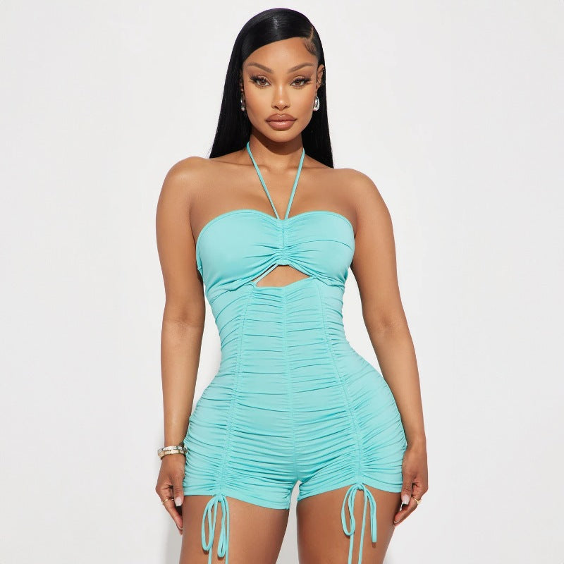 Summer Hollow Out Cutout out Tied Halter Drawstring Shorts Jumpsuit Women Clothing