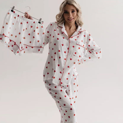 Autumn Cotton Long Sleeve Shorts Trousers Three Piece Pajamas Heart Printing Loose Soft Home Wear