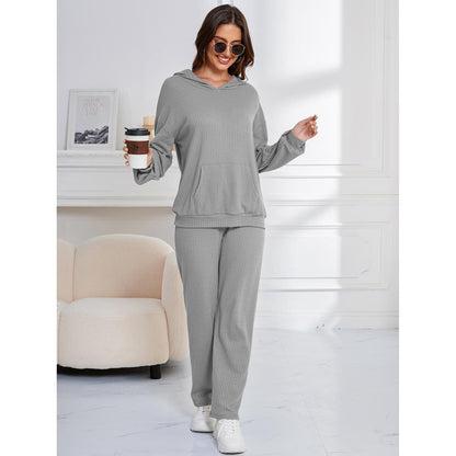 Ensemble pyjama décontracté à capuche pour femme, pantalon ample à manches longues et gaufré, deux pièces, vêtements de maison