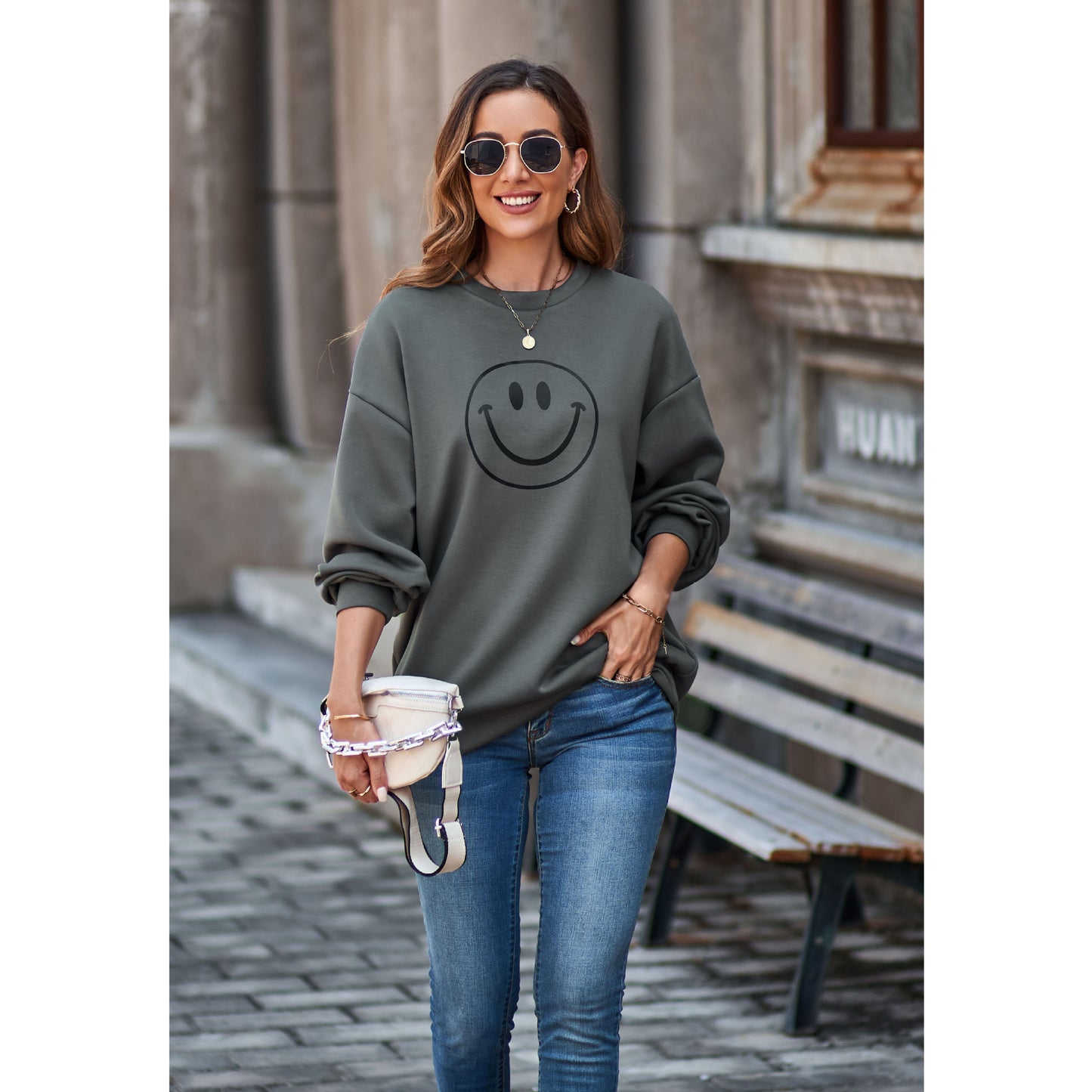 Sweat-shirt Smiley automne hiver col rond épaules tombantes pull ample