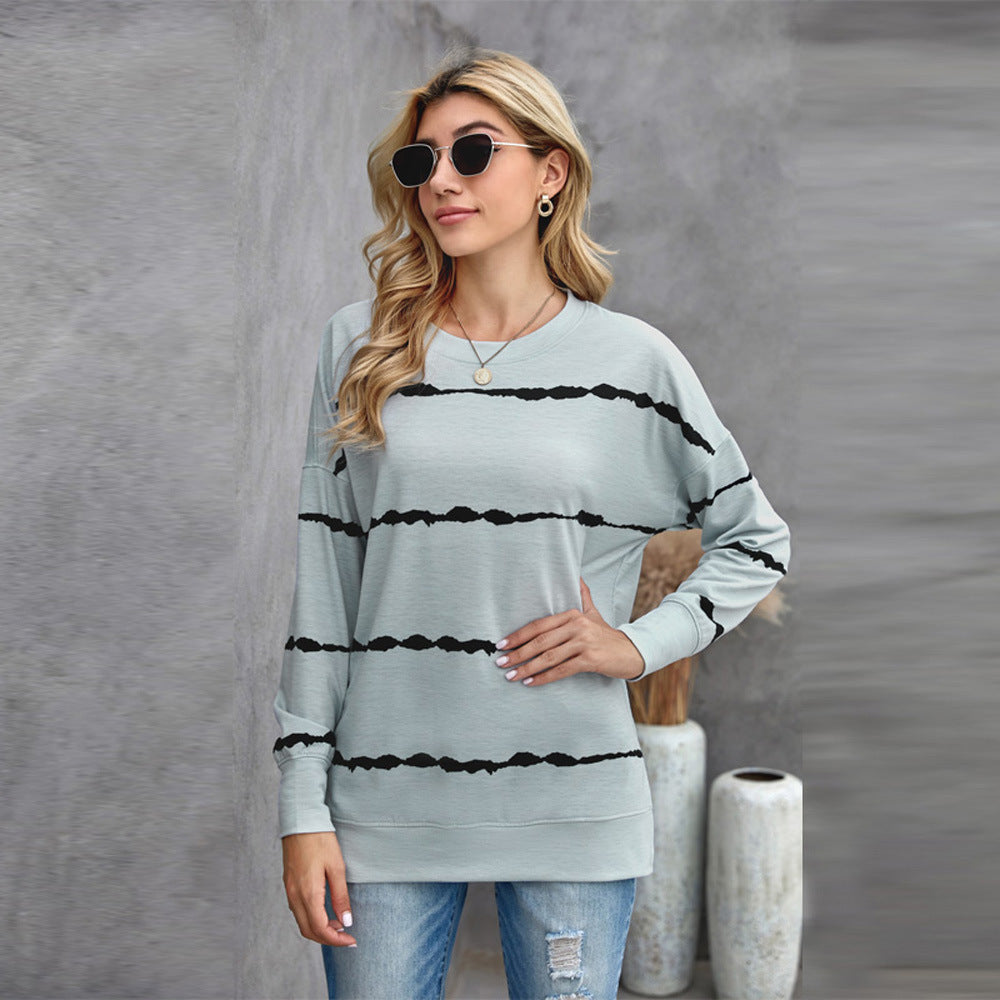 Plus Size Hooded Striped Printed Sweater Women Loose Long Sleeve round Neck Top