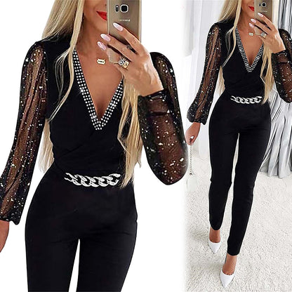 Herbst Damen Kleidung Einfarbig V-Ausschnitt Langarm Strass Hohe Taille Professioneller Casual Jumpsuit