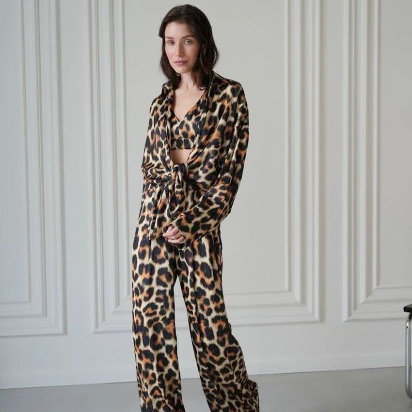 Sous-vêtements à imprimé léopard Pantalon à manches longues Pyjama trois pièces Soie glacée Vêtements d'extérieur respirants Vêtements d'intérieur pour femmes