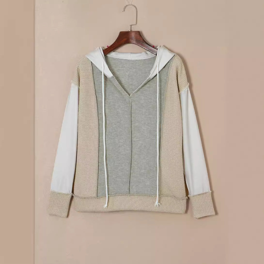 Sweat à capuche assorti de couleurs pour femme au début de l'automne, pull décontracté à manches longues en tricot texturé pour femme