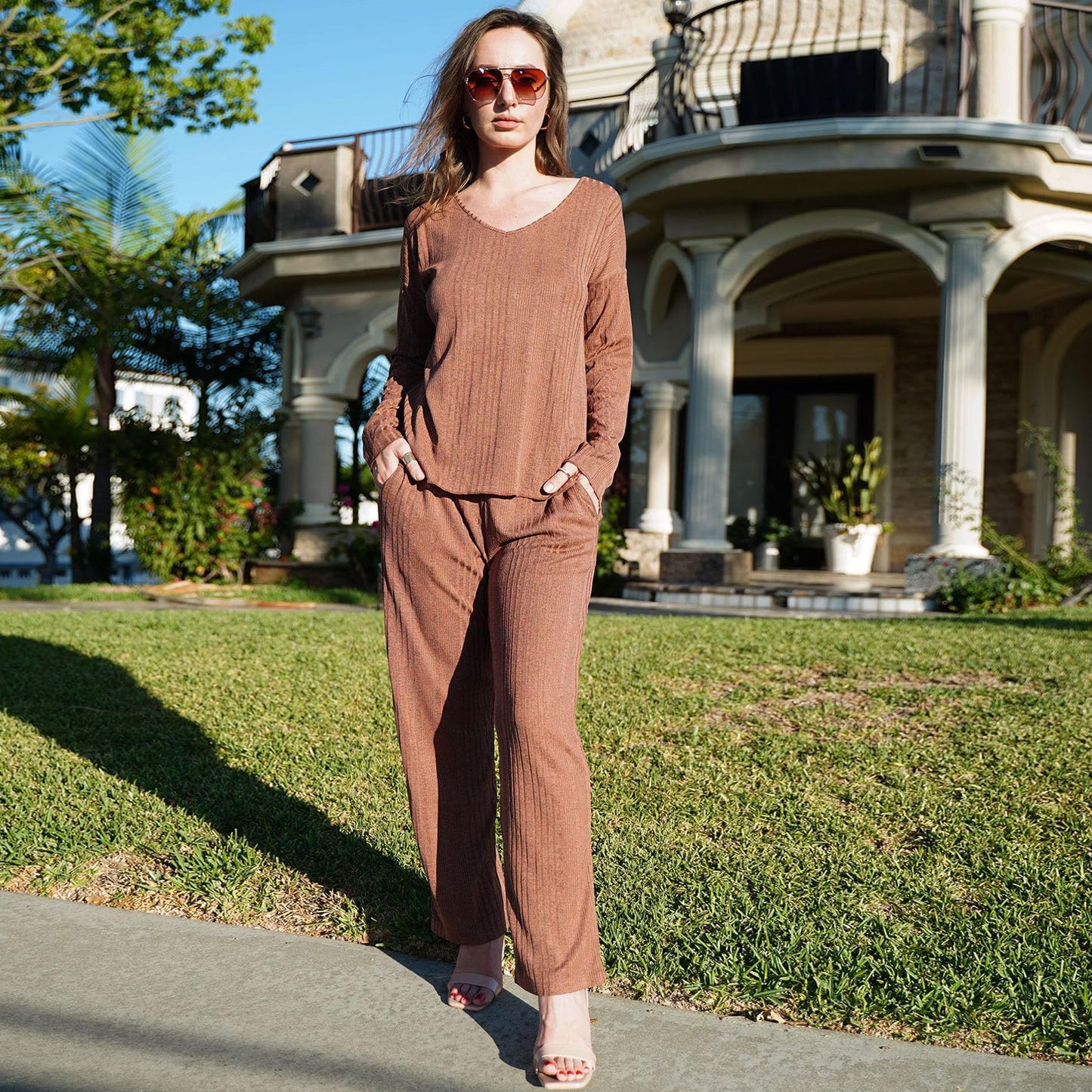 Pyjama d'automne et d'hiver pour femme, vêtement d'intérieur, pantalon à manches longues, côtelé et pelucheux, vêtements de détente chauds pour femme