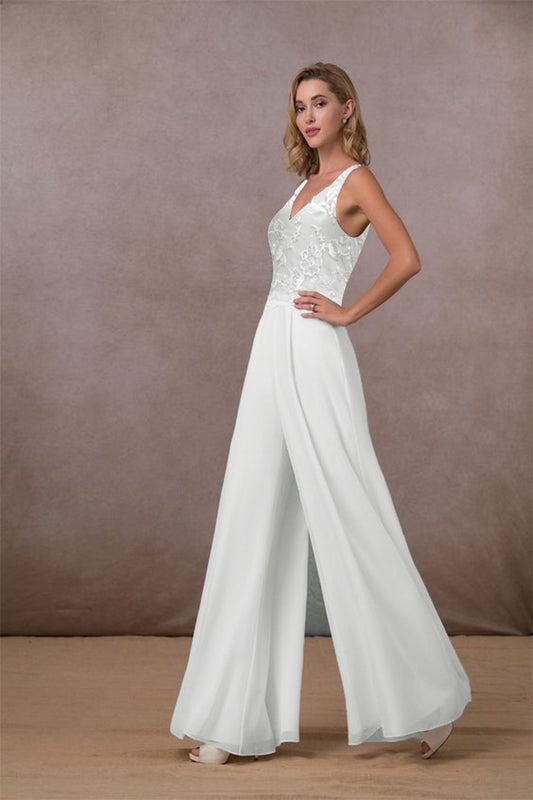 Jumpsuit Lace Chiffon Jumpsuit V neck Mid Waist White Trousers Wide Leg Pants