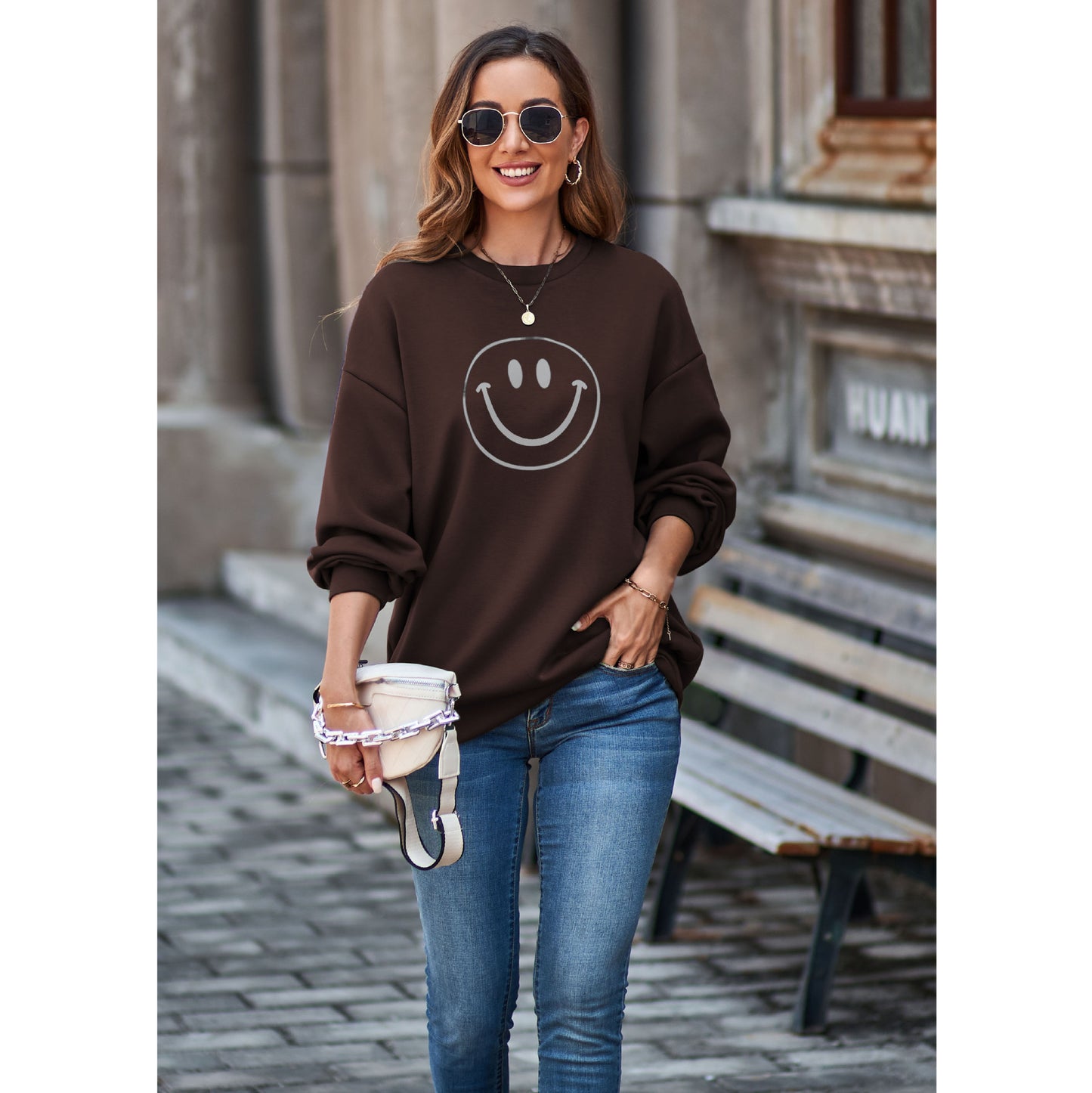 Sweat-shirt Smiley automne hiver col rond épaules tombantes pull ample