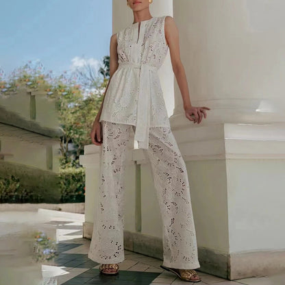 Haut à lacets sans manches et pantalon à jambe droite pour femme, broderie en deux pièces, style vintage français, été