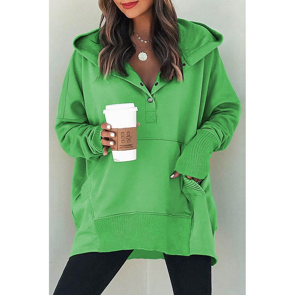 Loose Hooded Sweater Women Mid Length Autumn Winter Solid Color Casual Bottoming Shirt Top