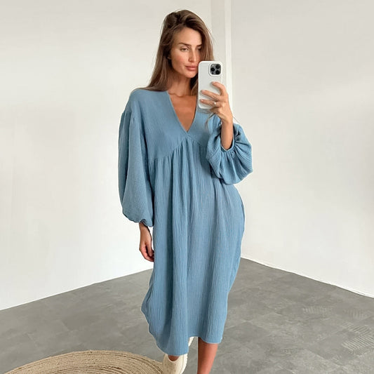 Pyjama d'automne en coton à double couche et col en V pour femme, ample, manches lanternes, doux pour la peau, pur coton, vêtements de confinement, vêtements d'intérieur