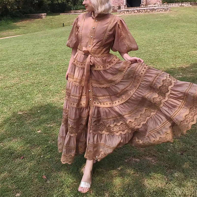 Robe longue patchwork vintage française d'été à col rond et manches bouffantes à lacets à la taille pour femmes