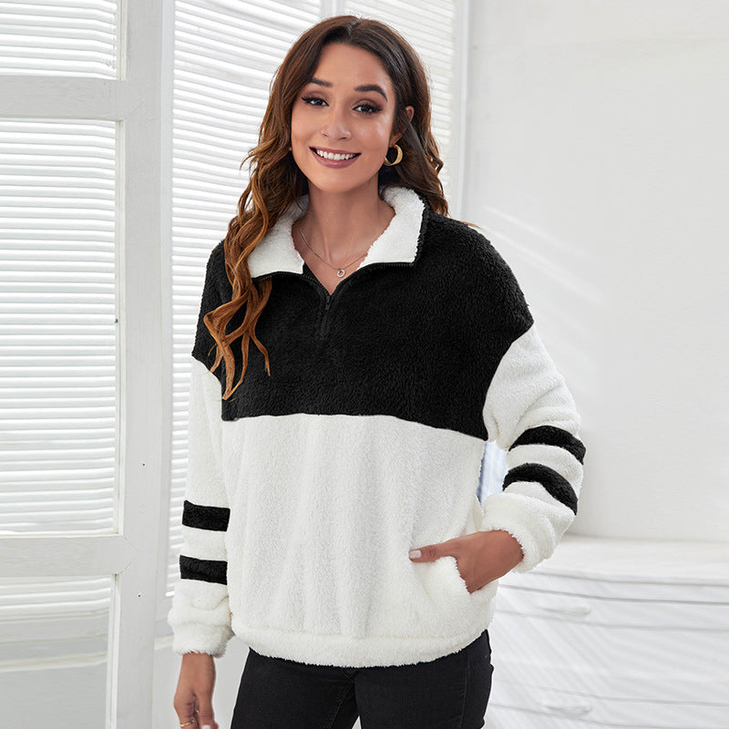 Pull en peluche à col zippé et coutures contrastées pour automne et hiver