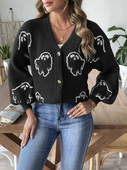 Pull d'Halloween pour femme, vêtement ample et décontracté, pull à boutons, cardigan en jacquard de dessin animé pour femme