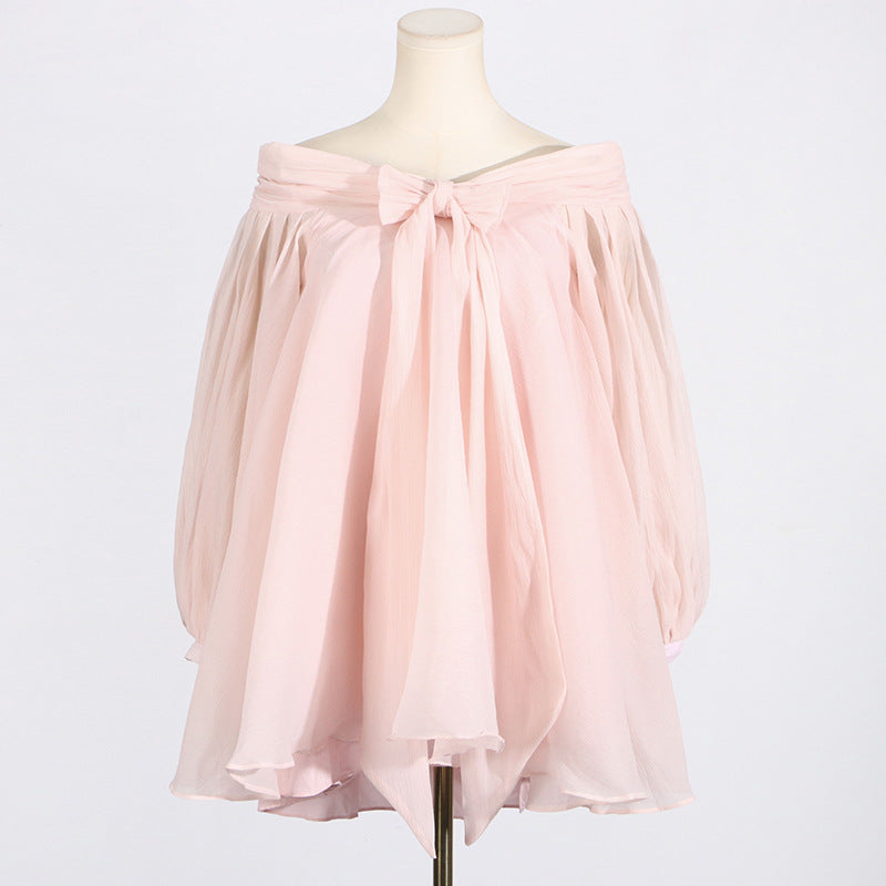 Robe tutu en tulle à manches longues et col rond pour femme, douce et fraîche, avec nœud papillon et lacets, manches lanternes