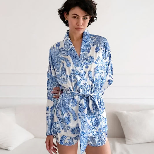 Pyjama en soie glacée à manches longues et lacets pour femme, haut et short à la mode, vêtements de maison, en satin imprimé, décontracté