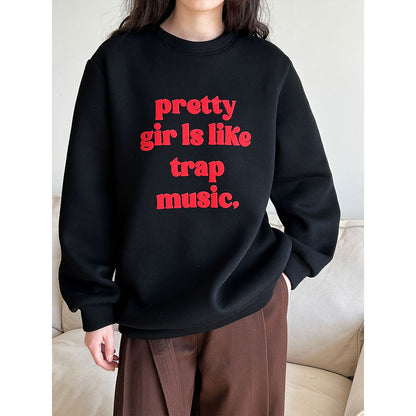 Loose Sweater Women Fleece Lined Thickened Autumn Winter Lazy Letter Graphic Printing round Neck Pullover Top