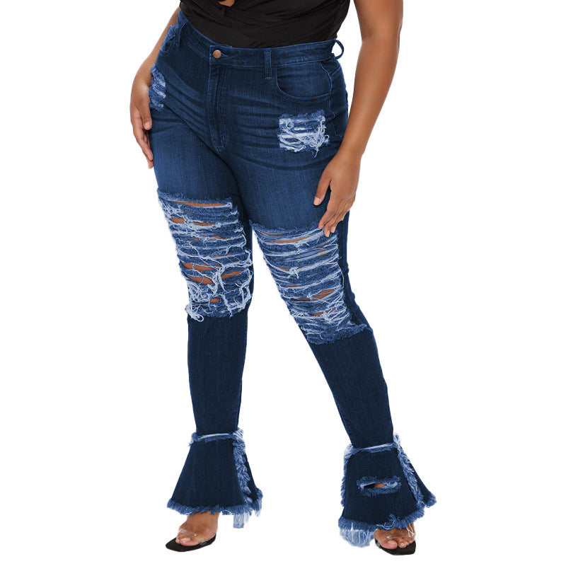 Jeans moulant grande taille pour femmes avec trou de lavage en corne