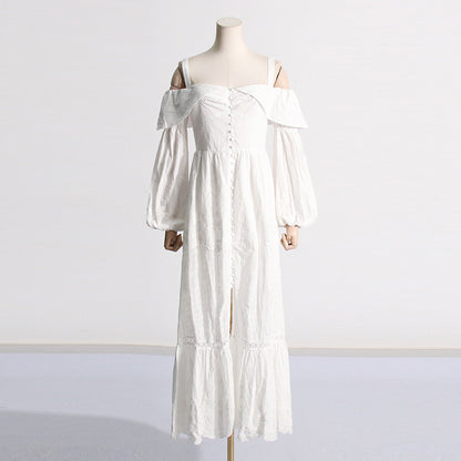 Robe d'été élégante à bretelles spaghetti et volants, manches lanternes, taille serrée, plusieurs boutons, pour femmes