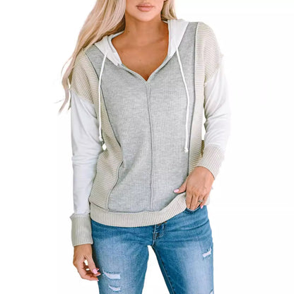 Sweat à capuche assorti de couleurs pour femme au début de l'automne, pull décontracté à manches longues en tricot texturé pour femme