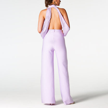 Damen Sommer Rückenfrei Neckholder V-Ausschnitt Abnehmen Rückenfrei Schlitz Jumpsuit