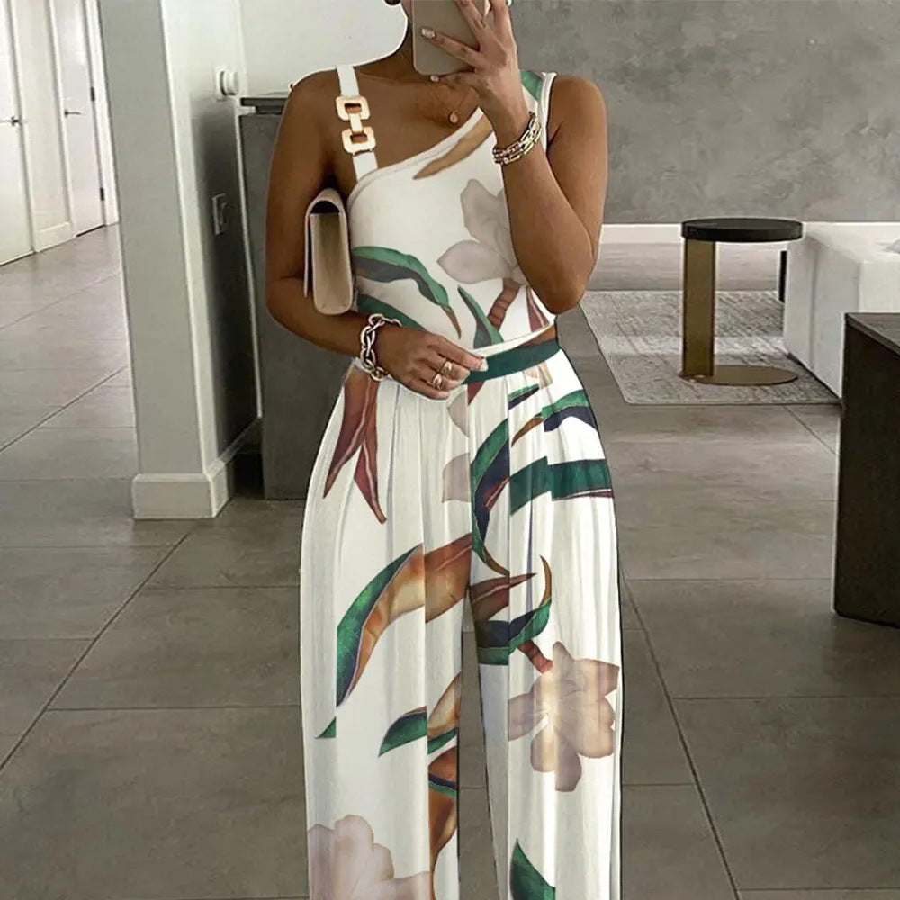 Summer Women Clothing Printing Sleeveless High Waist Casual Jumpsuit