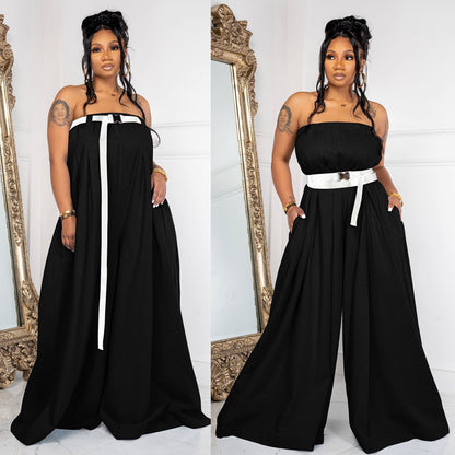 Long Tube Top Loose Wide Leg Pants Summer Casual Mopping Jumpsuit Containing Belt