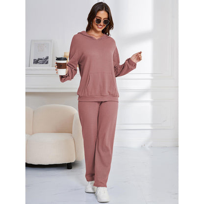 Ensemble pyjama décontracté à capuche pour femme, pantalon ample à manches longues et gaufré, deux pièces, vêtements de maison