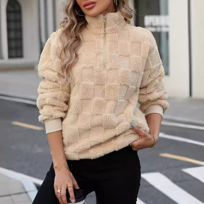 Pull ample en peluche à carreaux avec col montant et demi-zip pour femme, vêtement d'automne et d'hiver en velours Flash