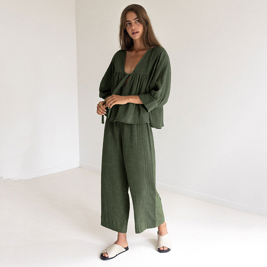 Pyjama d'automne en crêpe double couche avec nœud et manches confortables pour femme