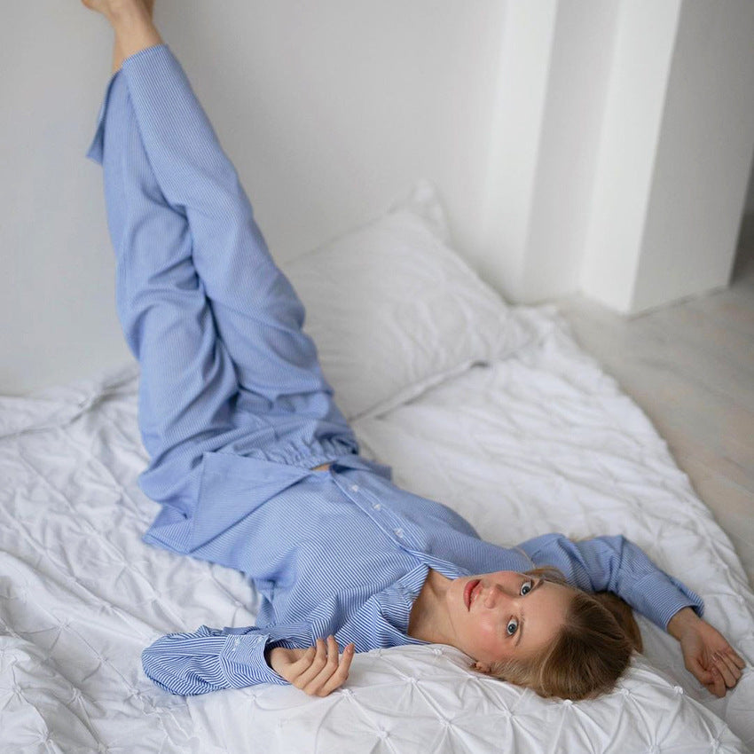 Pyjama ample et confortable à rayures bleues pour l'automne et l'hiver, à manches longues, pour femme, vêtement d'intérieur pouvant être porté à l'extérieur