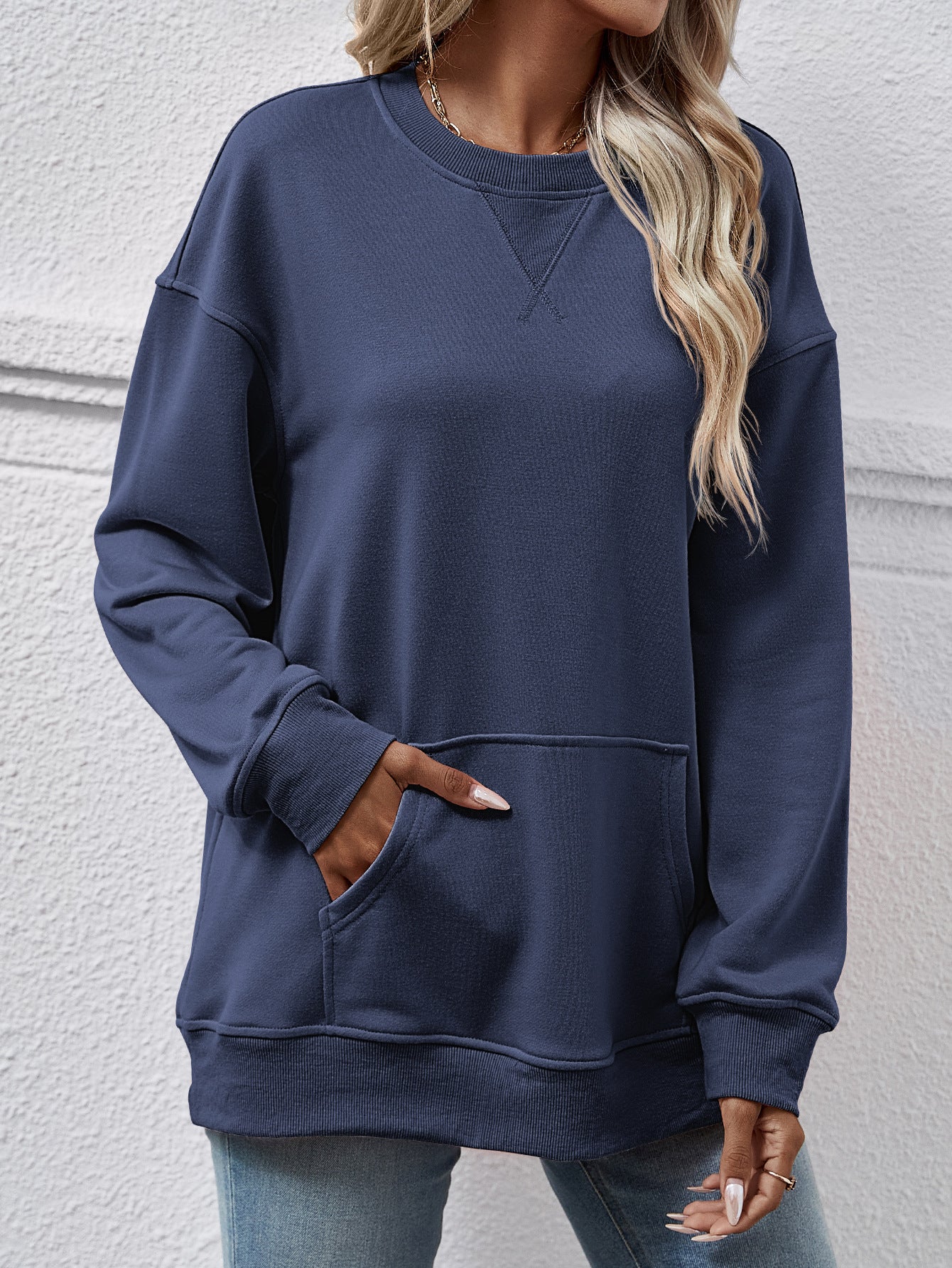 Sweat-shirt décontracté pour femme, automne-hiver, col rond, ample, avec poche