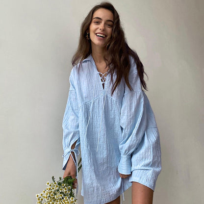 Autumn Cotton Nightdress Solid Color Simple Casual Comfortable Crepe Home Wear Women