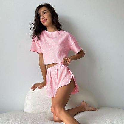 Pyjama deux pièces tricoté à la mode pour l'automne, manches courtes, frais et respirant, ensemble décontracté et confortable, vêtements de maison pour femmes