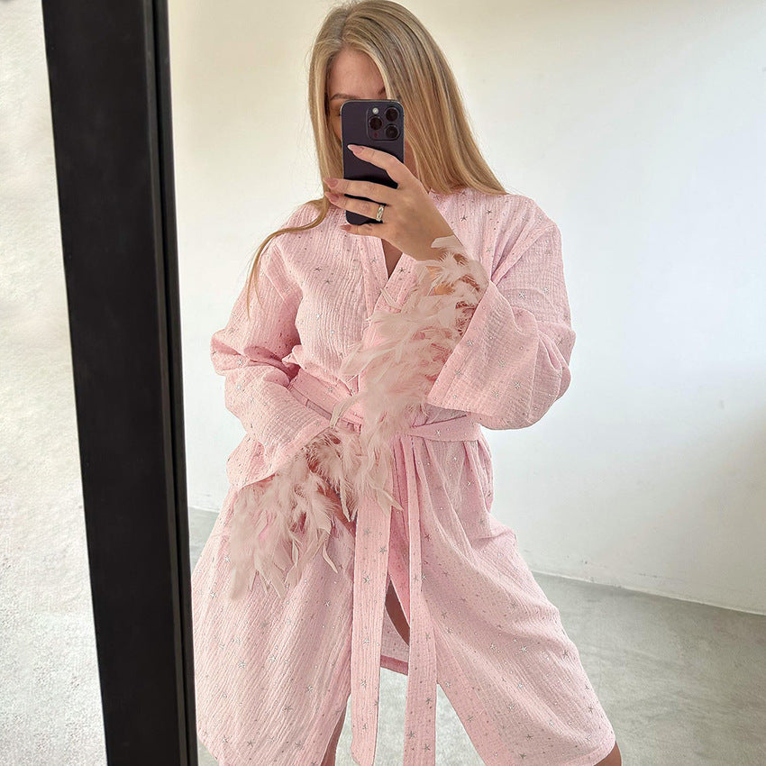 Pyjama d'automne en coton rose chaud avec strass et manches longues et coutures en plumes, chemise de nuit décontractée pour femme