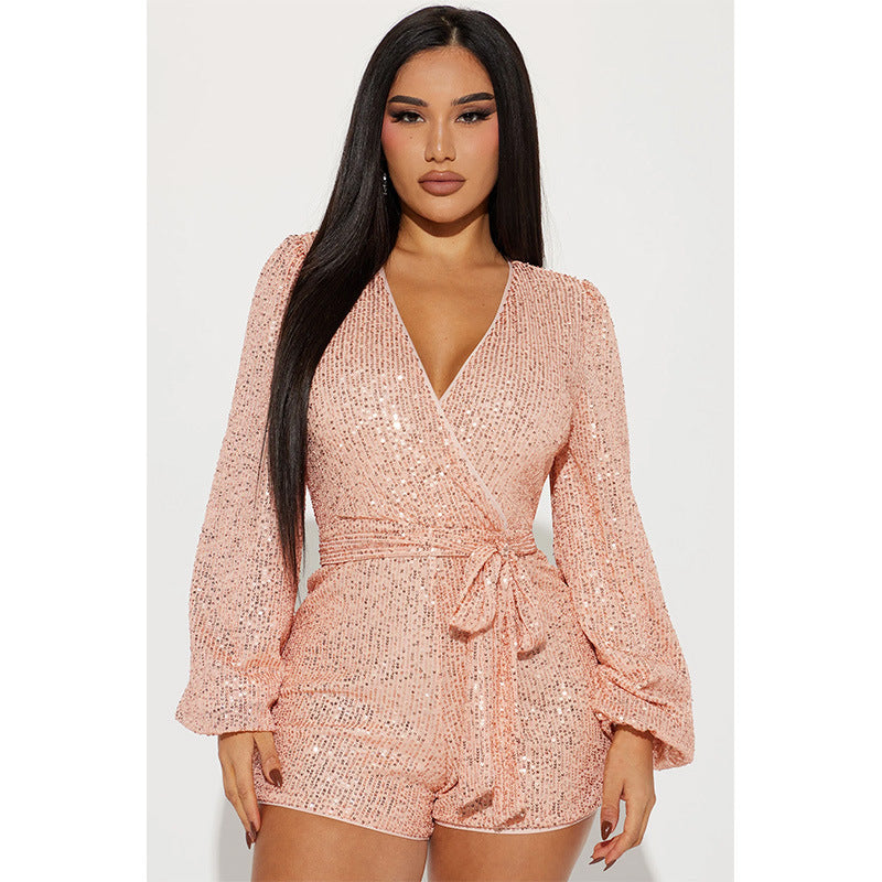 Office Long Sleeve Solid Color Sequ V Neck Belt Women Romper