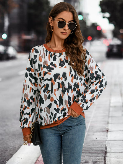 Autumn Winter Women Clothing Popular round Neck Drop Shoulder Lantern Sleeve Printed Sweater