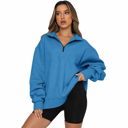 Zipper Collared Size Independent Stand Foreign Trade Ladies Solid Color Loose Versatile Top Sweatshirt