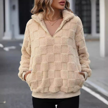 Pull ample en peluche à carreaux avec col montant et demi-zip pour femme, vêtement d'automne et d'hiver en velours Flash